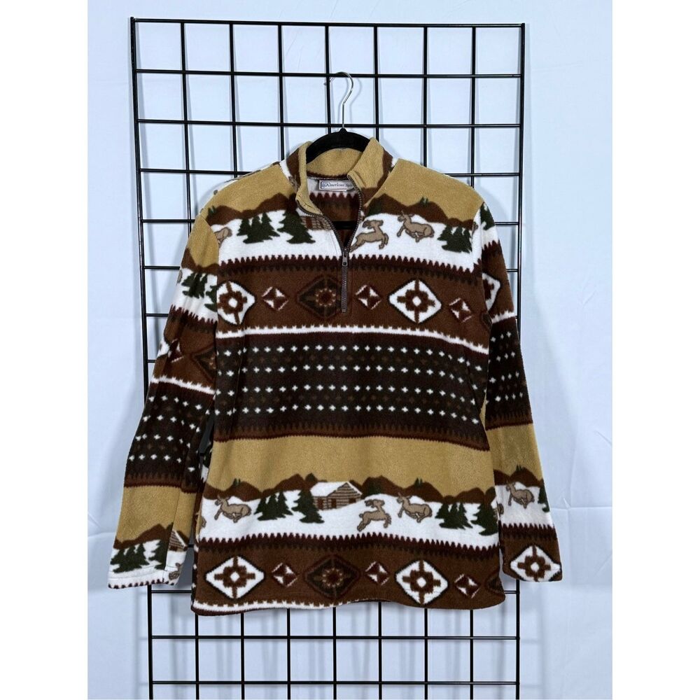 Vtg Outdoor Graphic 1/4 Zip Fleece Jacket‎ Womens M Brown Animal Cottagecore